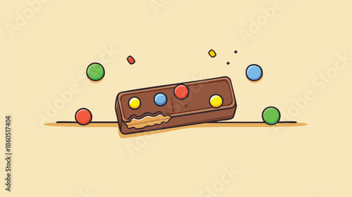 A colorful illustration depicts a partially eaten chocolate bar with scattered candies against a soft yellow background, evoking feelings of fun and sweetness.