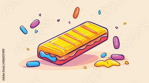 A vibrant cartoon illustration showcases a delicious, colorful candy bar with sprinkles and a playful, inviting design on a soft, neutral-toned background, perfect for fun concepts.