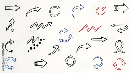 Diverse set of hand-drawn arrows, pointing in different directions, indicating choice