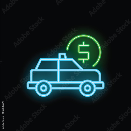 Glowing neon icon of a taxi cab earning money with a dollar sign, representing the concept of transportation costs and fares