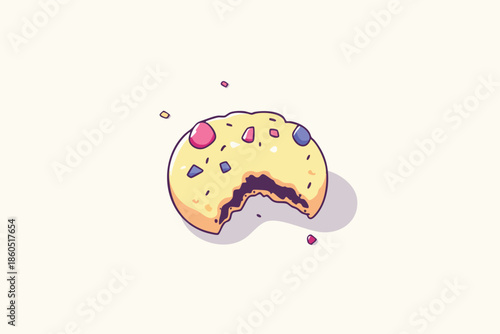 A charming illustration presents a partially eaten chocolate chip cookie, showcasing a delightful bite mark and colorful candy pieces against a clean, off-white background, perfect for food-related