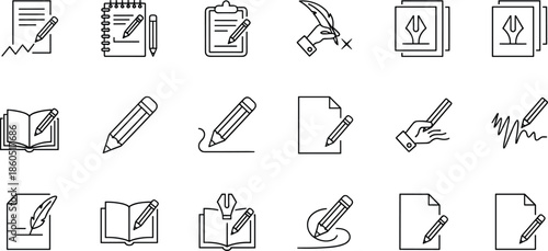 Set of writing and editing line icons featuring fountain pens pencils notebooks document signing quill pens sketching tools and creative office stationery symbols for design
