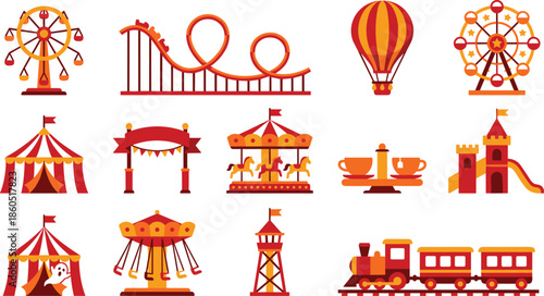 Amusement park carnival icons set, fun fair rides attractions, colorful entertainment elements, flat vector illustration collection