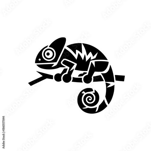 Stunning black chameleon perched on branch in modern silhouette style