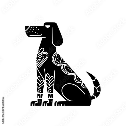 Adorable dog with unique tribal patterns and heart designs