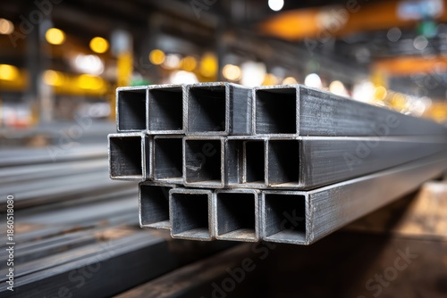 鉄鋼メーカーの工場内にある鋼材の束