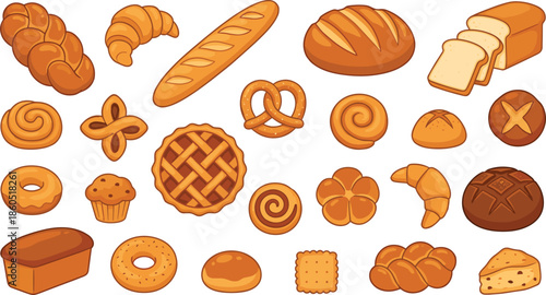 Bakery bread and pastry collection, cartoon baked goods icons, sweet desserts illustration, flat colorful vector food set