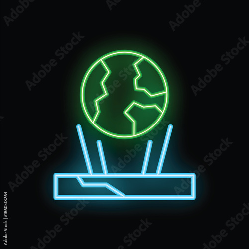 Neon glowing icon of earth globe levitating over futuristic platform with light rays on black background