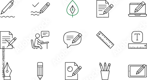 Set of writing and editing line icons featuring pencils pens document signing digital tablets rulers fountain pens and creative content creation symbols for graphic design