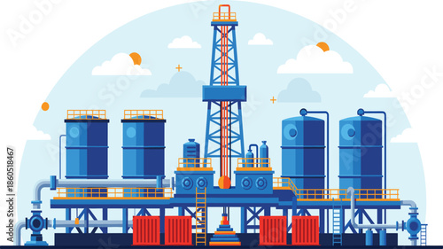 Industrial oil and gas drilling rig with blue storage tanks pipelines and derrick tower for energy production and extraction industry