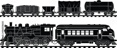 Train car and locomotive illustration set, freight passenger steam diesel types, black sketch icons, railway transport concept