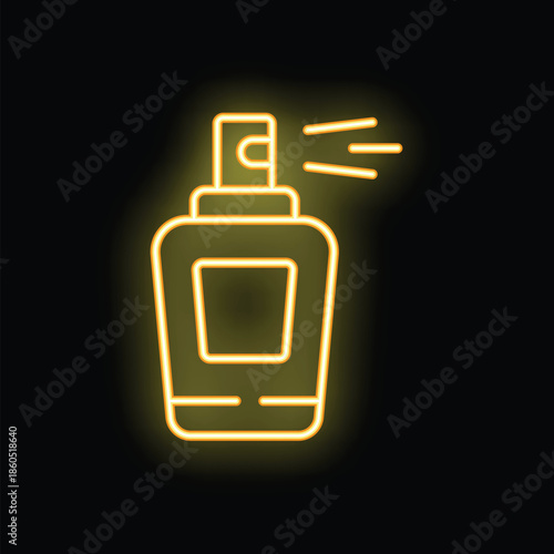 Neon yellow perfume bottle spraying fragrance on black background, concept of cosmetics and beauty products