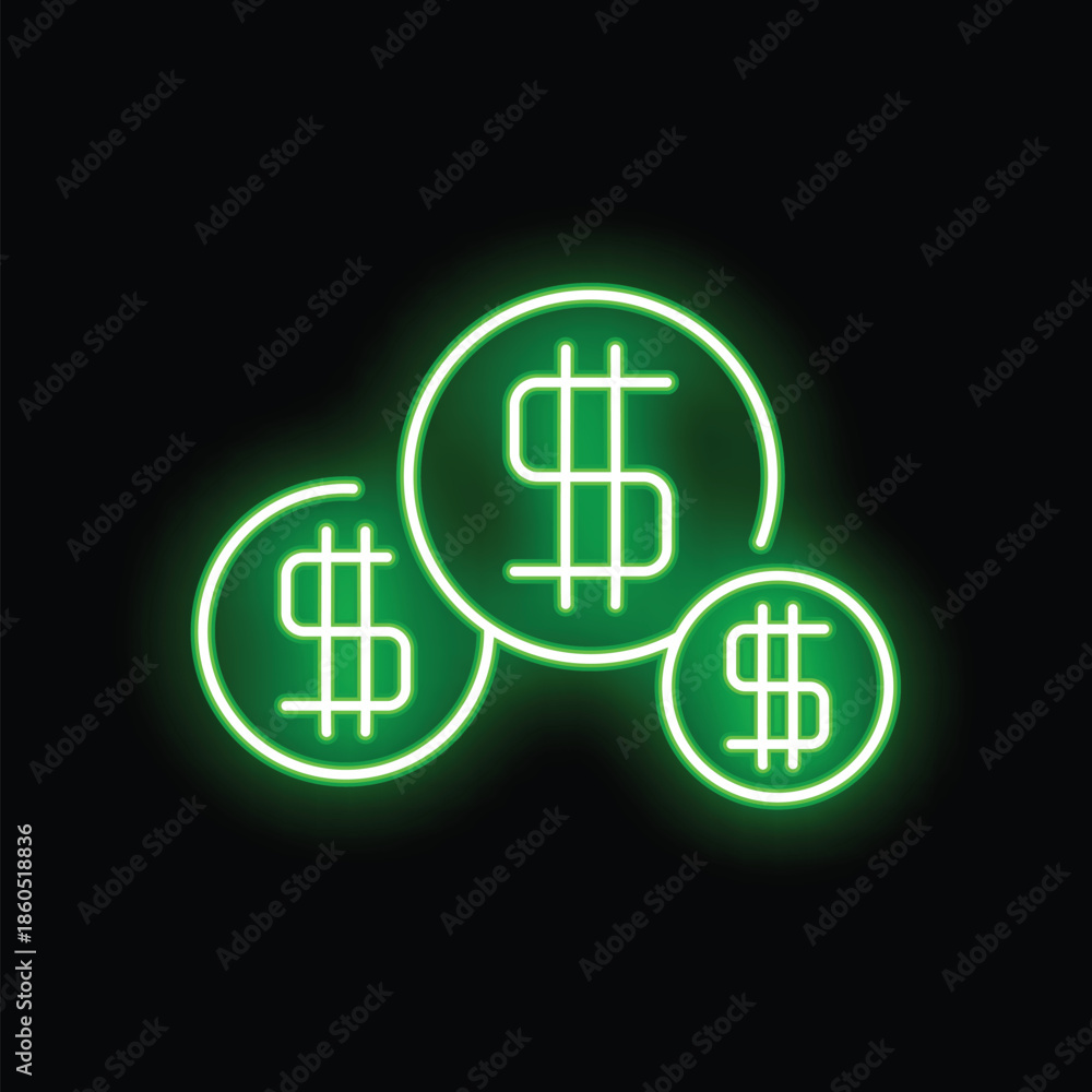 Obraz premium Green neon glowing dollar sign increasing, getting bigger concept for financial growth