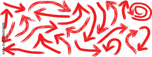 Various red brush drawn curved arrows. Red grunge brush hand drawn curved arrows.  Grunge rough direction shape for design.