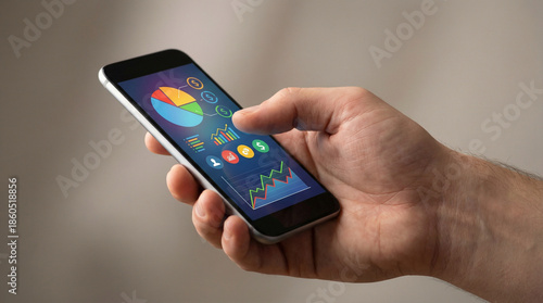 Wallpaper Mural Person holding smartphone displaying colorful financial data and investment charts Torontodigital.ca