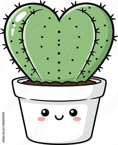 Kawaii heart shaped cactus illustration in a white pot with cute smiling face and pink cheeks for home decor and stickers