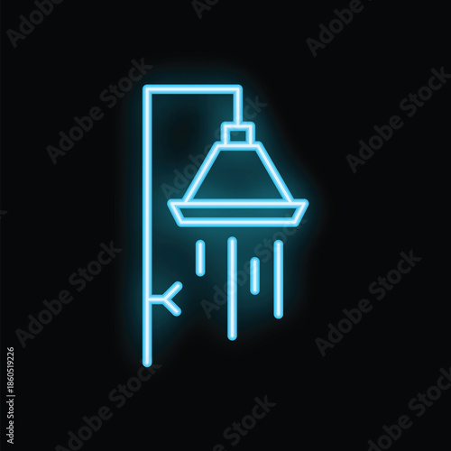 Blue neon sign of a shower is glowing against a black background