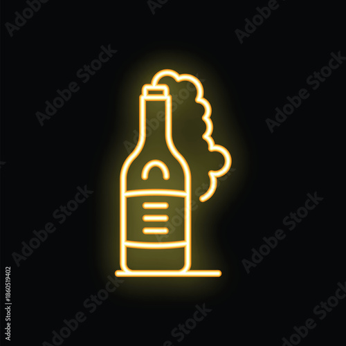Neon sign of molotov cocktail with smoke exploding on black background