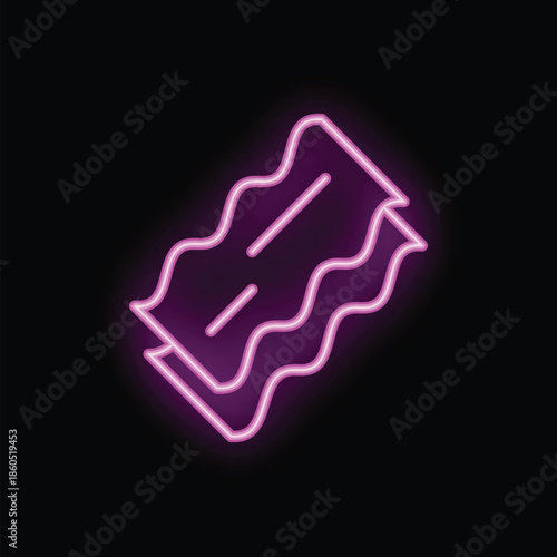 Bright pink neon sign depicting two appetizing strips of bacon, sizzling with light on a dark background