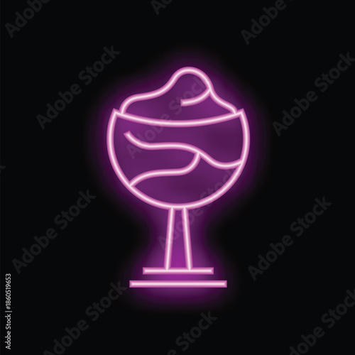 Neon sign representing an ice cream sundae with whipped cream on a black background