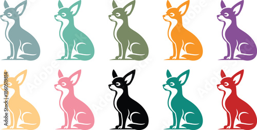 Assortment of chihuahua dog silhouettes in different hues, Colorful chihuahua dog icon collection