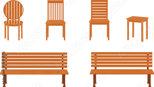 Wooden Furniture Illustration Set Featuring Chairs Benches and Stool Designs in Minimal Flat Style for Interior Design Architecture and Outdoor Seating Projects