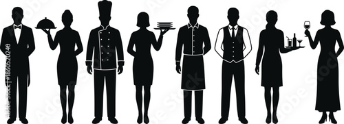 Restaurant, staff, silhouette, set, waiter, waitress, chef, catering, professional, service, hospitality, worker, collection, uniform, tray, food, drink, dining, banquet, vector, illustration, icons,