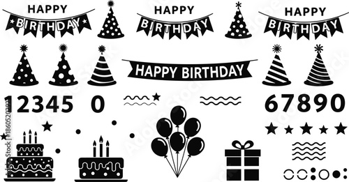 Set of birthday celebration icons including cakes balloons gift boxes party hats and happy birthday banners for event planning and stationery