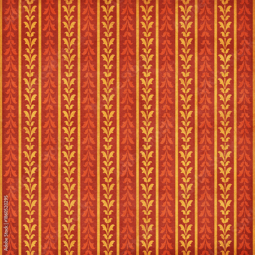 Seamless vertical stripe pattern with stylized golden leaves on red textured background. Elegant autumn design perfect for wallpapers and textiles.