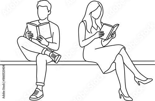 Line art illustration of man and woman sitting on bench reading books together minimal black and white sketch lifestyle leisure concept