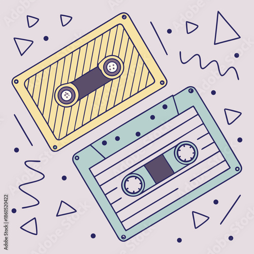 Retro Cassette Tapes with Memphis Style Geometric Shapes and Pastel Colors vintage