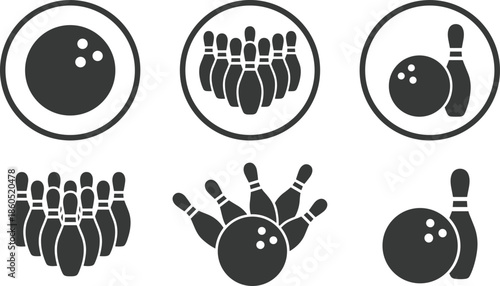 Bowling, ball and pins, silhouette, icon, set, sports, game, equipment, collection, for, competition, strike, league, bowling, alley, leisure, vector, signs, symbols,