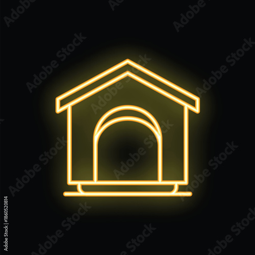 Glowing neon sign depicting a dog house with a black background