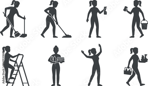 Cleaning, service, woman, silhouette, set, housewife, mopping, sweeping, professional, cleaner, character, collection, for, housework, janitor, maid, domestic, hygiene, chores, 