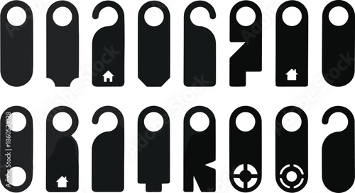 Door, hanger, silhouette, set, handle, tag, sign, hotel, room, service, collection, privacy, message, do, not, disturb, vector, illustration, template, icons, label,