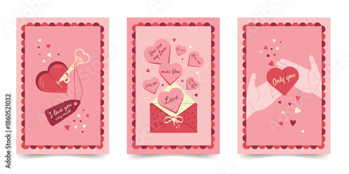 A set of hand-drawn greeting cards for Valentine's Day, weddings, and birthdays with romantic messages. Vector design.