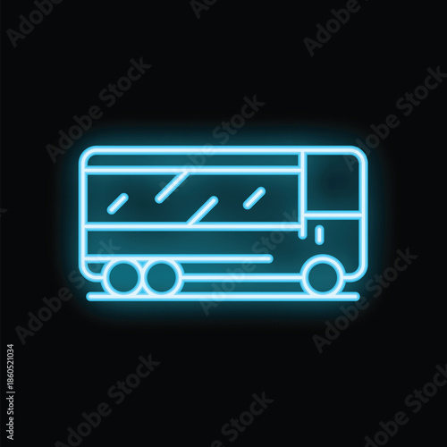 Neon blue icon of a passenger bus driving on a black background