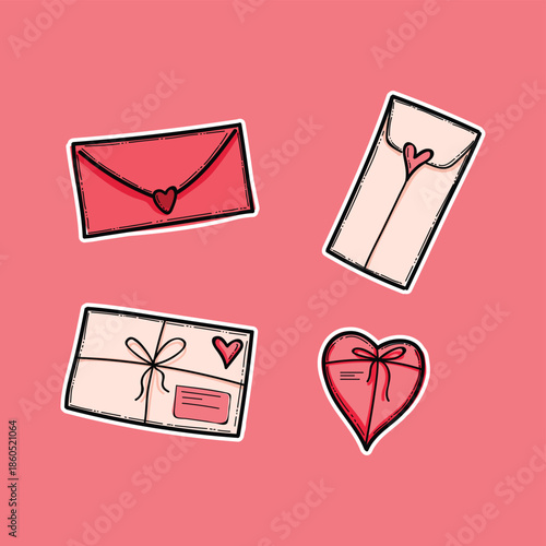 Valentine Gift Set With Heart Envelopes and Gift Boxes on Pink Background