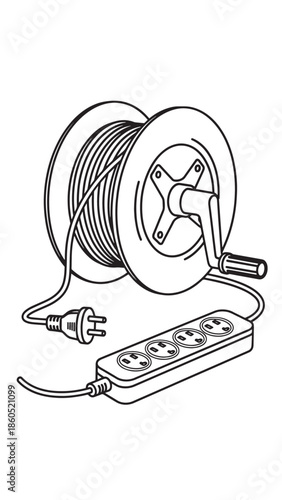 Electrical cable on a spool with a power strip and plug, simple desk setup illustration.