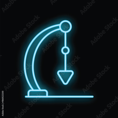 Glowing neon line pendulum icon isolated on black background, vector illustration