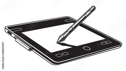 Tablet and stylus illustration showing digital drawing on a touchscreen device.