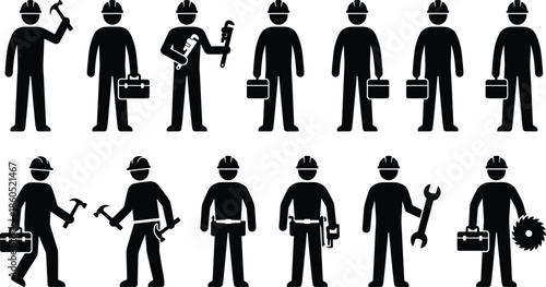 Construction, worker, silhouette, set, maintenance, professional, repair, handyman, contractor, service, technician, tools, equipment, collection, engineering, industrial, mechanic,
