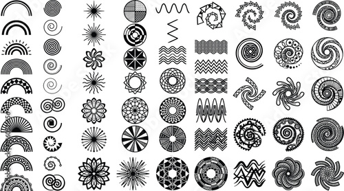 Abstract geometric pattern elements collection, modern circular shapes, spiral lines, decorative symbols, creative design resources for branding, backgrounds, textiles