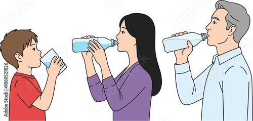 Family Drinking Water Illustration Showing Child Woman and Man Hydration Routine Concept for Health Wellness Lifestyle Daily Nutrition Awareness