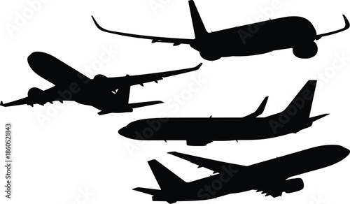 Airplane silhouettes collection, commercial aircraft flying poses, passenger jet icons, aviation transport concept, isolated black vector illustration set