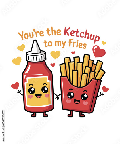 Kawaii French Fries and Ketchup Bottle Best Friends Illustration