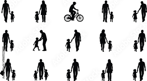 Father and daughter silhouette set, parent and child walking together, family outdoor activity icons, dad holding hands with girl, parenting lifestyle graphic elements.