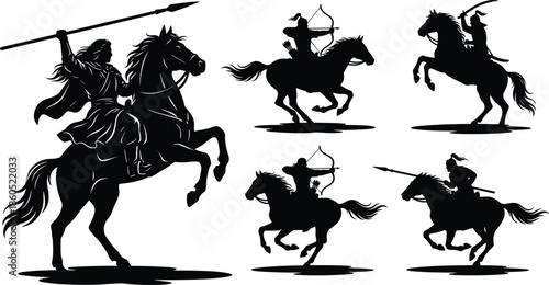 Ancient warrior silhouettes on horseback archers spearmen battle scenes isolated white background historical cavalry illustration vector collection medieval action combat