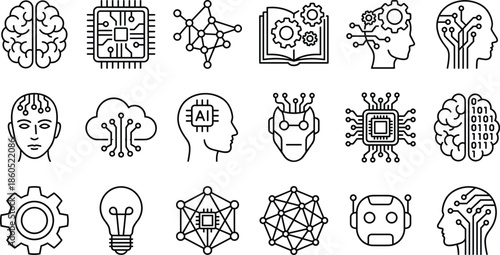 Artificial intelligence line icon set, AI brain technology symbols, machine learning, neural network, robotics, data science, outline icons