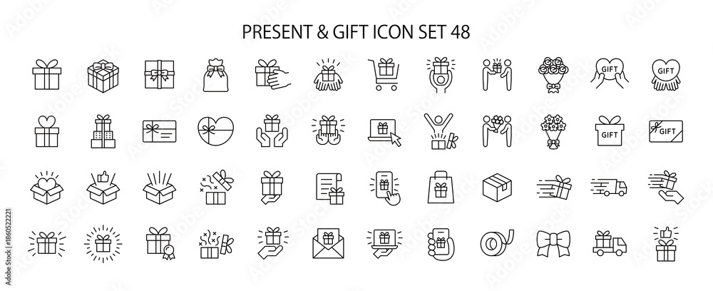 Fototapeta premium Presents and gifts related icon set, editable line illustrations for gift-related designs (Valentine's Day, Christmas, Mother's Day, Father's Day, birthdays, etc.)